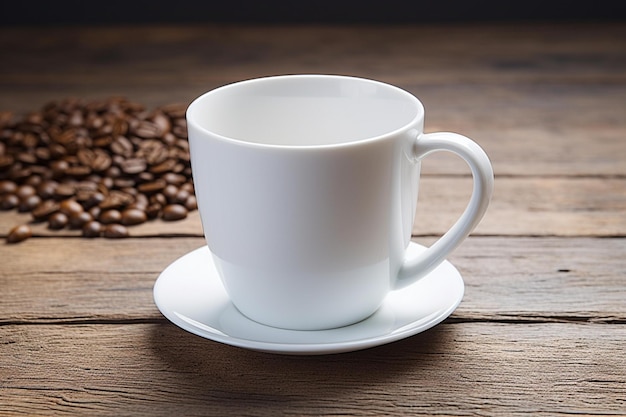 Чашка кофе с тарелкой кофейных зерен на деревянном столе.