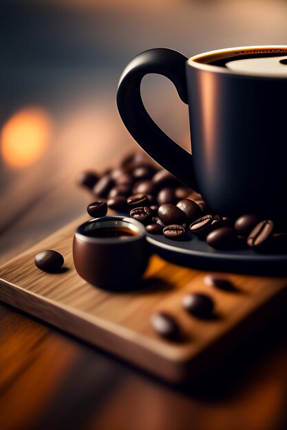 A cup of coffee with a saucer and coffee beans