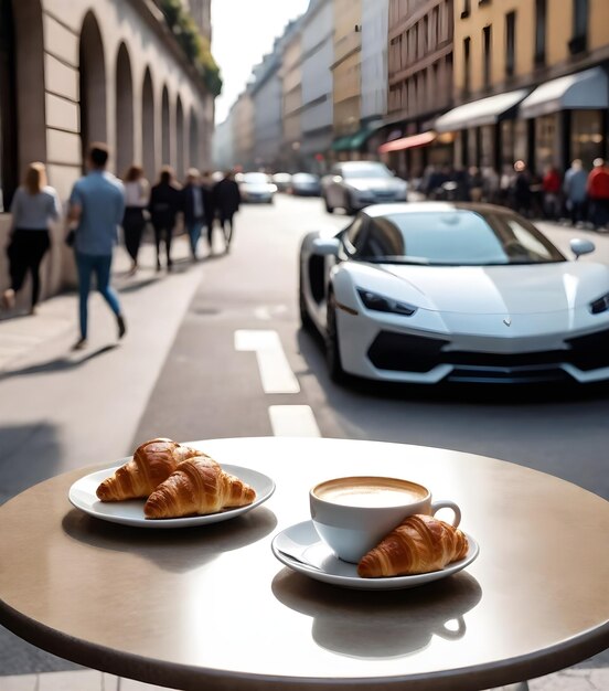 A cup of coffee with saucer and a plate with croissants on a table a sports car