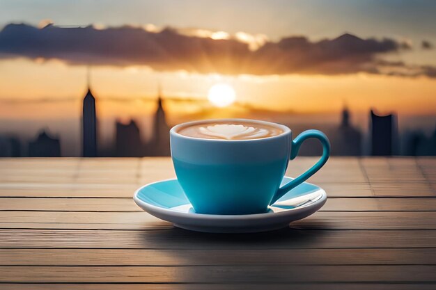 a cup of coffee with the skyline in the background