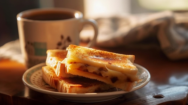 A cup of coffee with a slice of toast on a wooden table a homemade breakfast