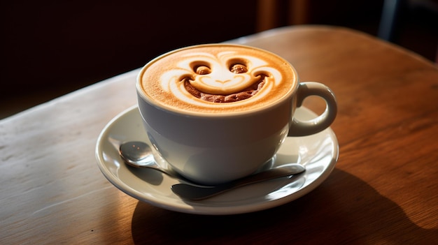 テーブルの上に笑顔で一杯のコーヒー