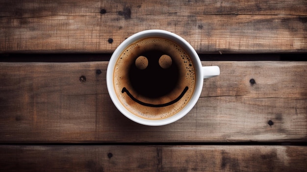 A cup of coffee with a smiley face on the top.