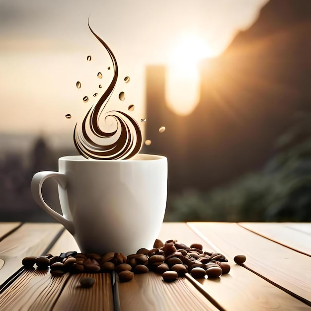 Photo cup of coffee with smoke and coffee beans on background