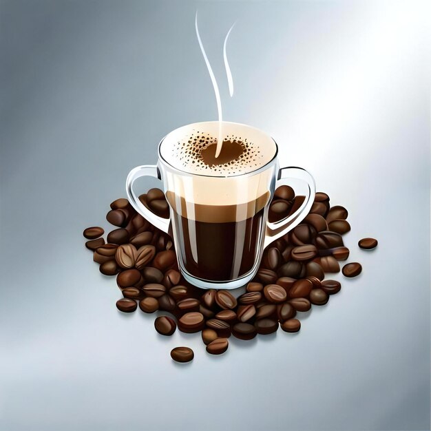 Photo cup of coffee with smoke and coffee beans on background