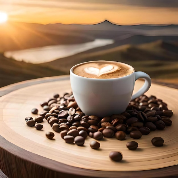 Photo cup of coffee with smoke and coffee beans on background