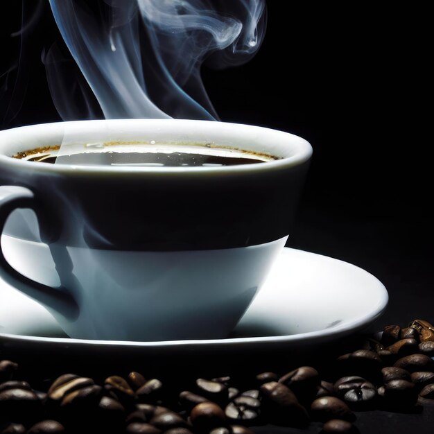 黒い背景の煙とコーヒー豆のコーヒーカップ