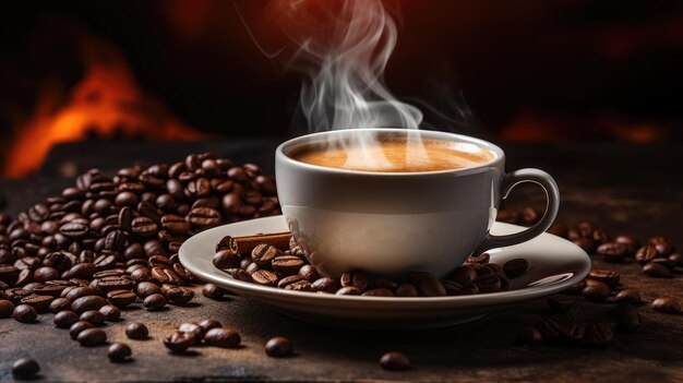 Cup of coffee with smoke and coffee beans on burlap sack