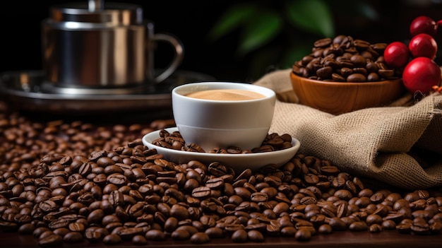 Cup of coffee with smoke and coffee beans on burlap sack