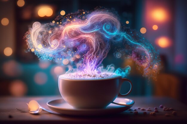 A cup of coffee with a smoke coming out of it