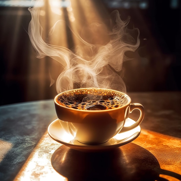 A cup of coffee with smoke coming out of it