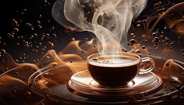 Cup of coffee with smoke on dark background 3d rendering