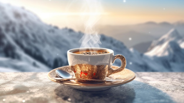 A cup of coffee with a snowy mountain in the background