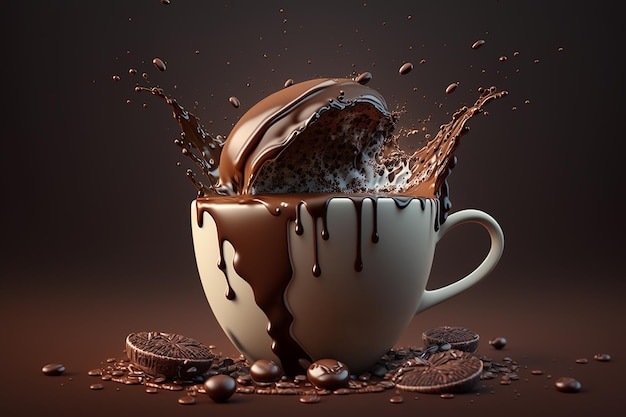 A cup of coffee with a splash of chocolate on top and coffee beans falling generative ai