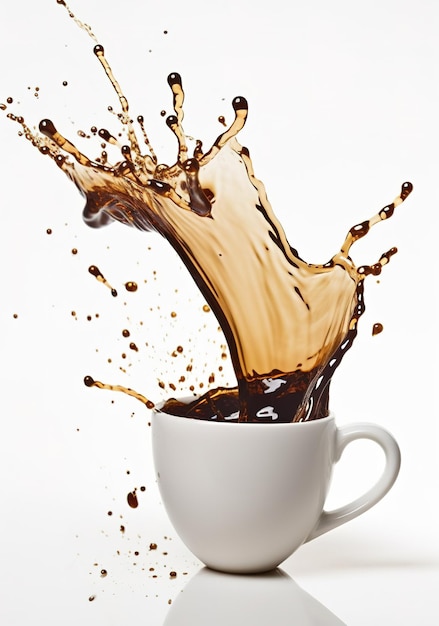 A cup of coffee with a splash of liquid being poured into it.