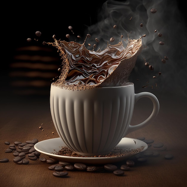 Чашка кофе, из которой вытекает капля жидкости.