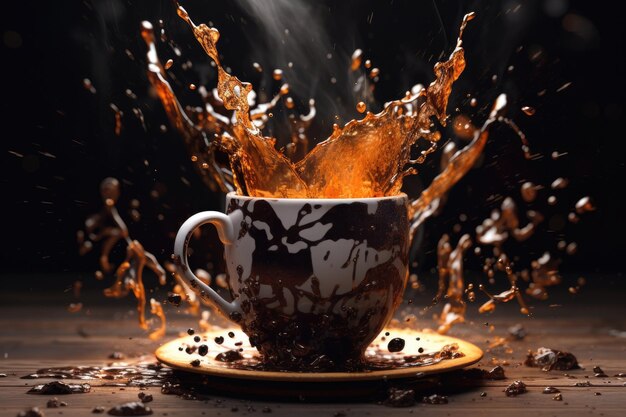 A cup of coffee with a splash of liquid coming out of it