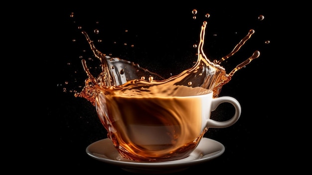 A cup of coffee with a splash of liquid pouring