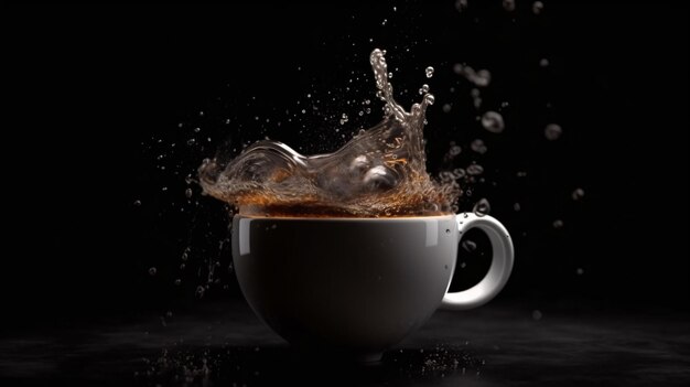 A cup of coffee with a splash of water on it