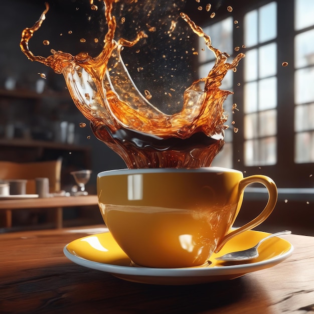 A cup of coffee with splashes on the bar