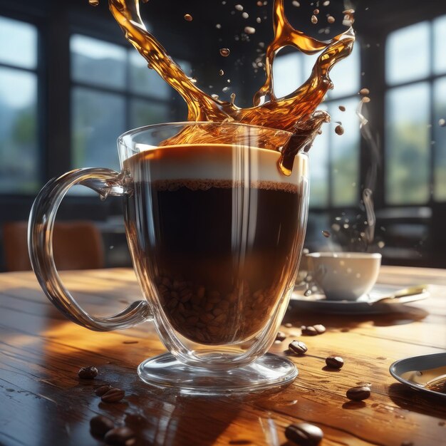 A cup of coffee with splashes on the bar