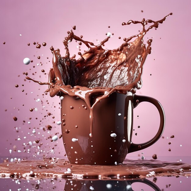 A cup of coffee with splashes of chocolate splashing in the background