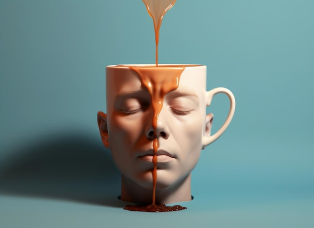 Foto una tazza di caffè con spruzzi a forma di testa umana su sfondo blu