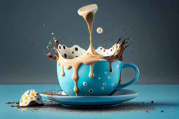 Cup of coffee with splashes of milk and chocolate on blue backgroundgenerative ai