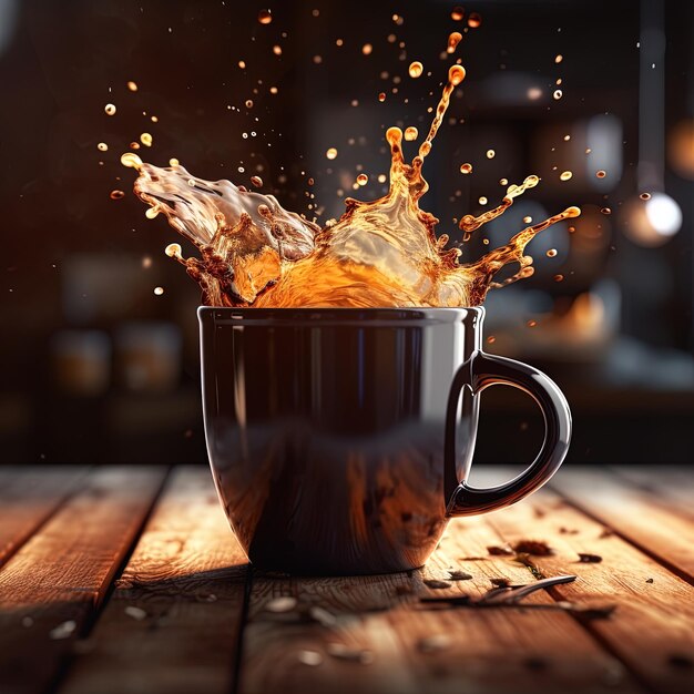 a cup of coffee with splashes of orange juice splashing into it