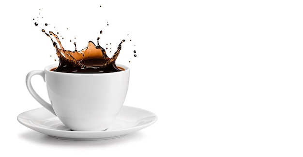 Cup of coffee with splashes on white background banner Generative AI