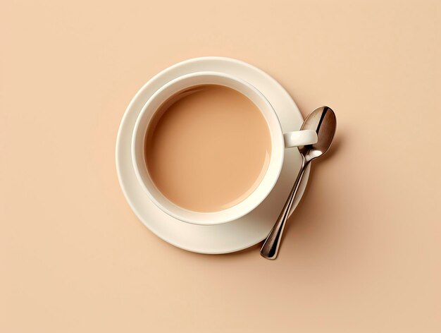 Cup of coffee with spoon on beige background top viewAI Generated