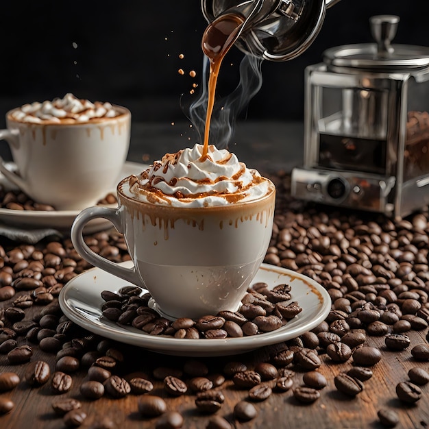 a cup of coffee with a spoon being poured into it