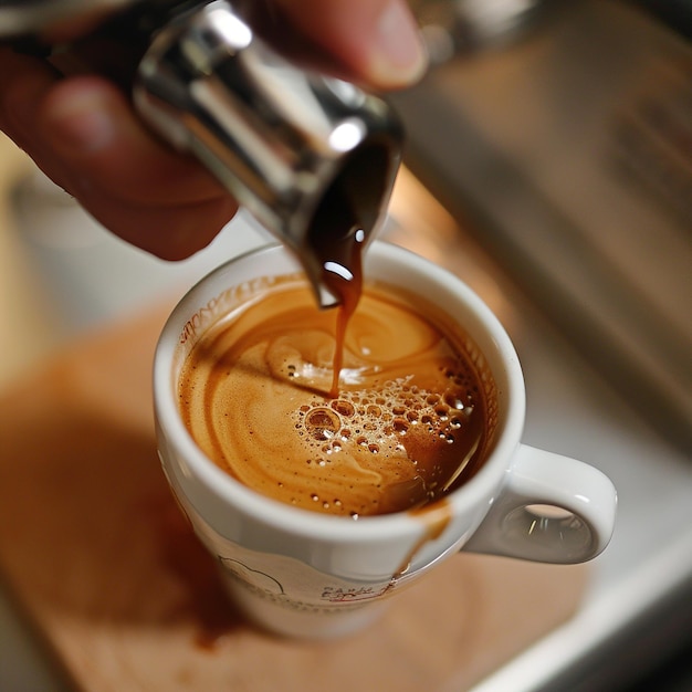 a cup of coffee with a spoon being poured into it