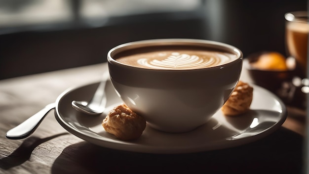 a cup of coffee with a spoon next to it