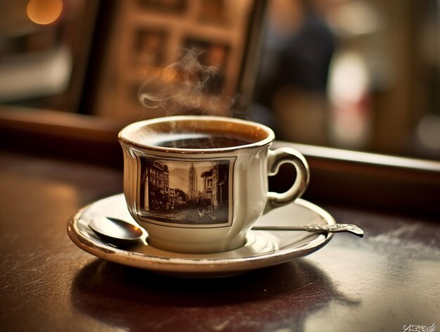 AI が生成した皿の上にスプーンを乗せたコーヒー カップの古典的なビンテージ写真