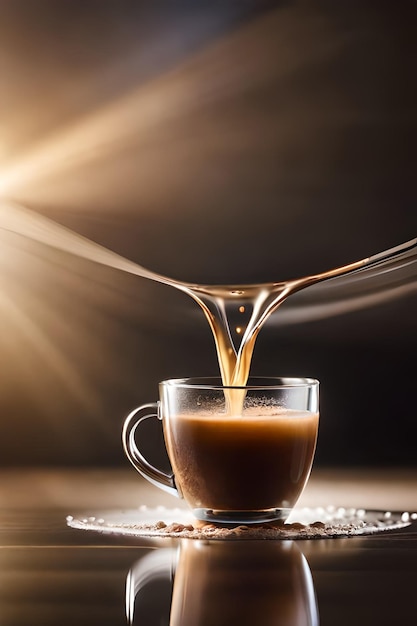 A cup of coffee with a spoon pouring liquid into it