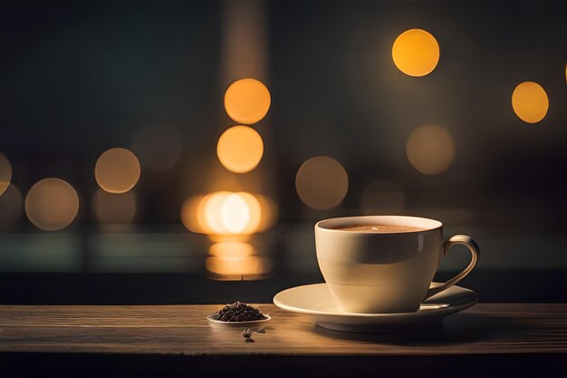 a cup of coffee with a spoon on a saucer and a small piece of brochure on the table.