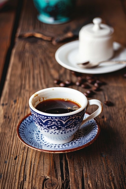 a cup of coffee with a spoon on a saucer and a spoon on a saucer