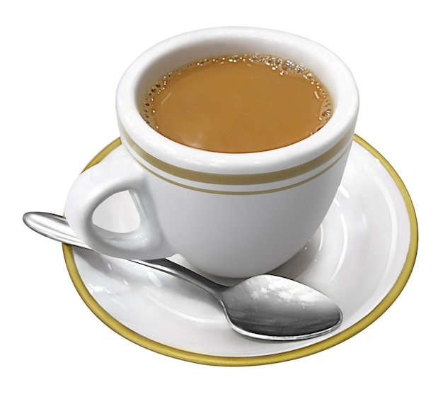 A cup of coffee with a spoon on a saucer on a white background Hong Kong style milk tea