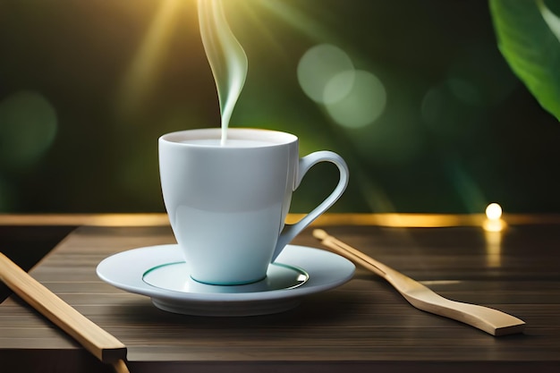 a cup of coffee with a spoon on a saucer with a spoon on a wooden table.