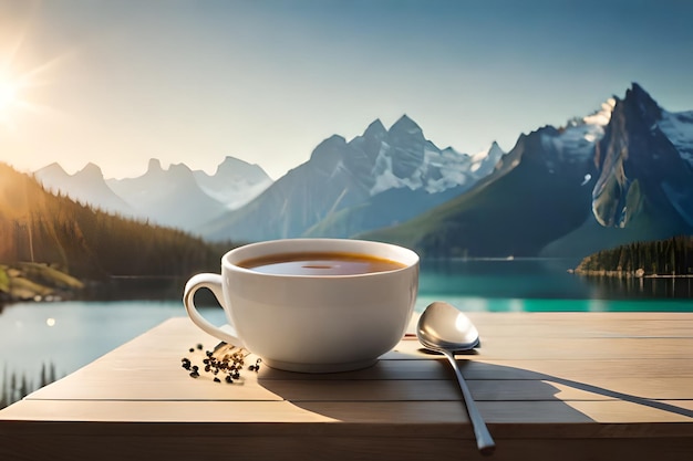 a cup of coffee with a spoon and a spoon next to a lake.