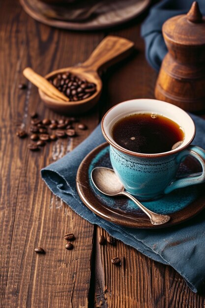 a cup of coffee with a spoon and a spoon on a table