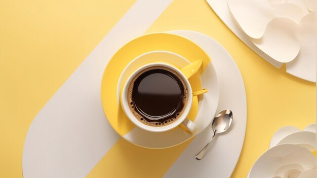 a cup of coffee with a spoon on a table next to it