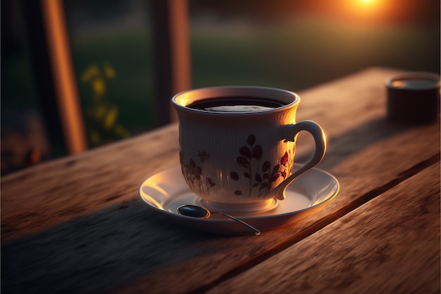 a cup of coffee with a spoon on a table in the sunset.