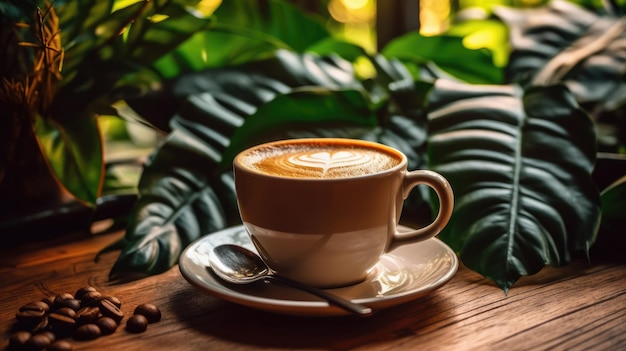 A cup of coffee with a spoon on a wooden table in front of a plant.