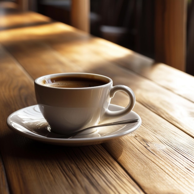 A cup of coffee with a spoon on a wooden table.