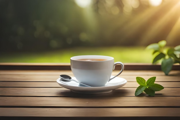 a cup of coffee with a spoon on a wooden table.