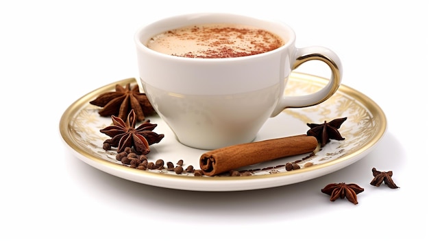 A cup of coffee with star anise on a plate