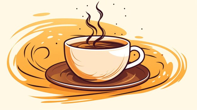 A cup of coffee with steam coming out of it on a yellow background