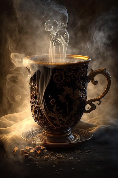 A cup of coffee with steam coming out of it